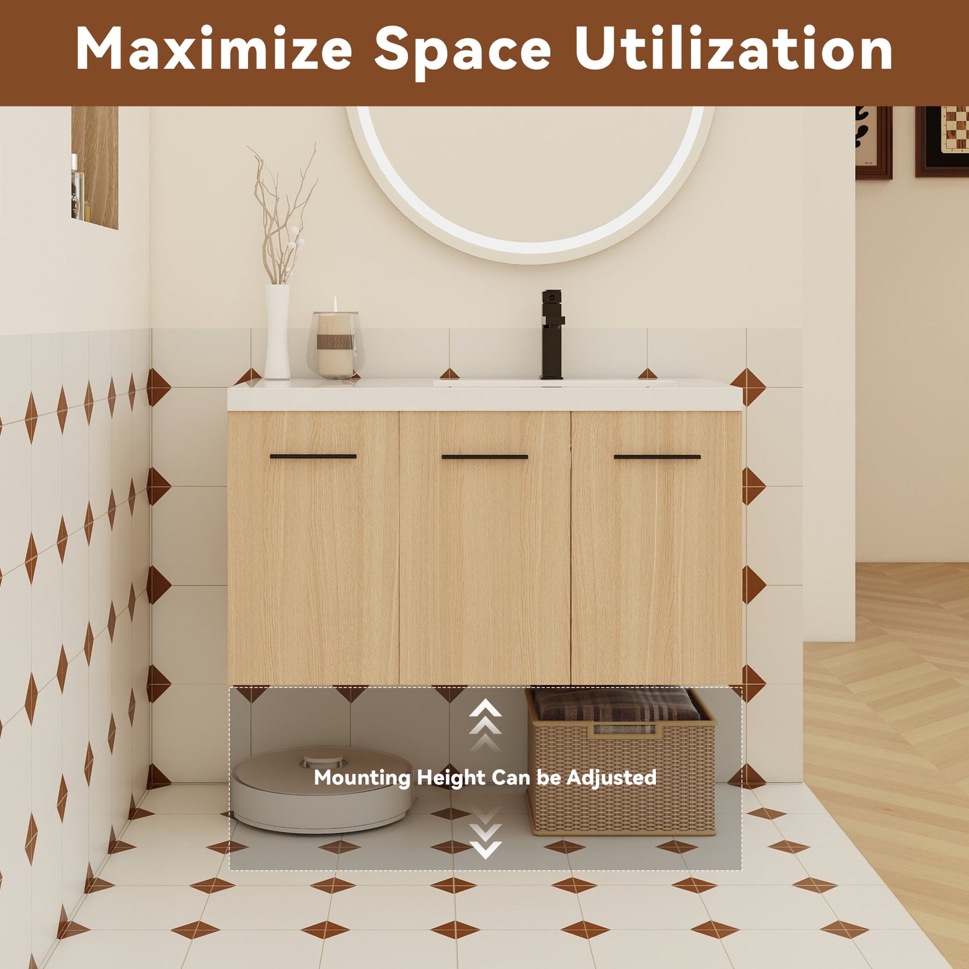36" Wall-Mounted Floating Bathroom Vanity with Sink, Light Oak, 3-Door Modular Cabinet (2-Door + 1-Door), Gel Coat Integrated Sink Top, 3 Boxes, Ready-to-Assemble Roomfitters