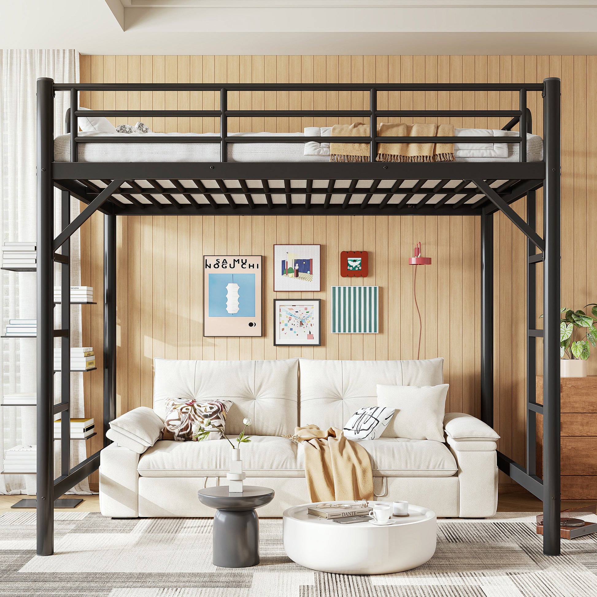 variant-group:rf-w1580p455015|Roomfitters Full Size Metal Loft Bed Frame with Guardrails, Heavy Duty Space Saving High Loft Bed Dual Ladders, Black