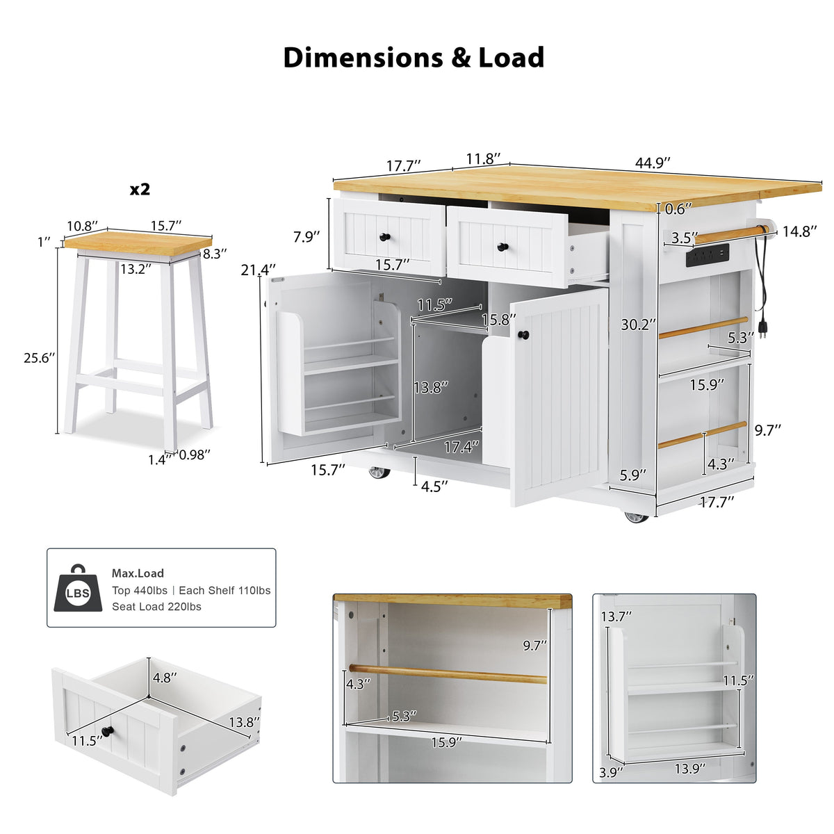 Roomfitters 48" Kitchen Island with 2 Bar Stools, Drop Leaf, Power Outlet, Rolling Cart with Side Shelves, White