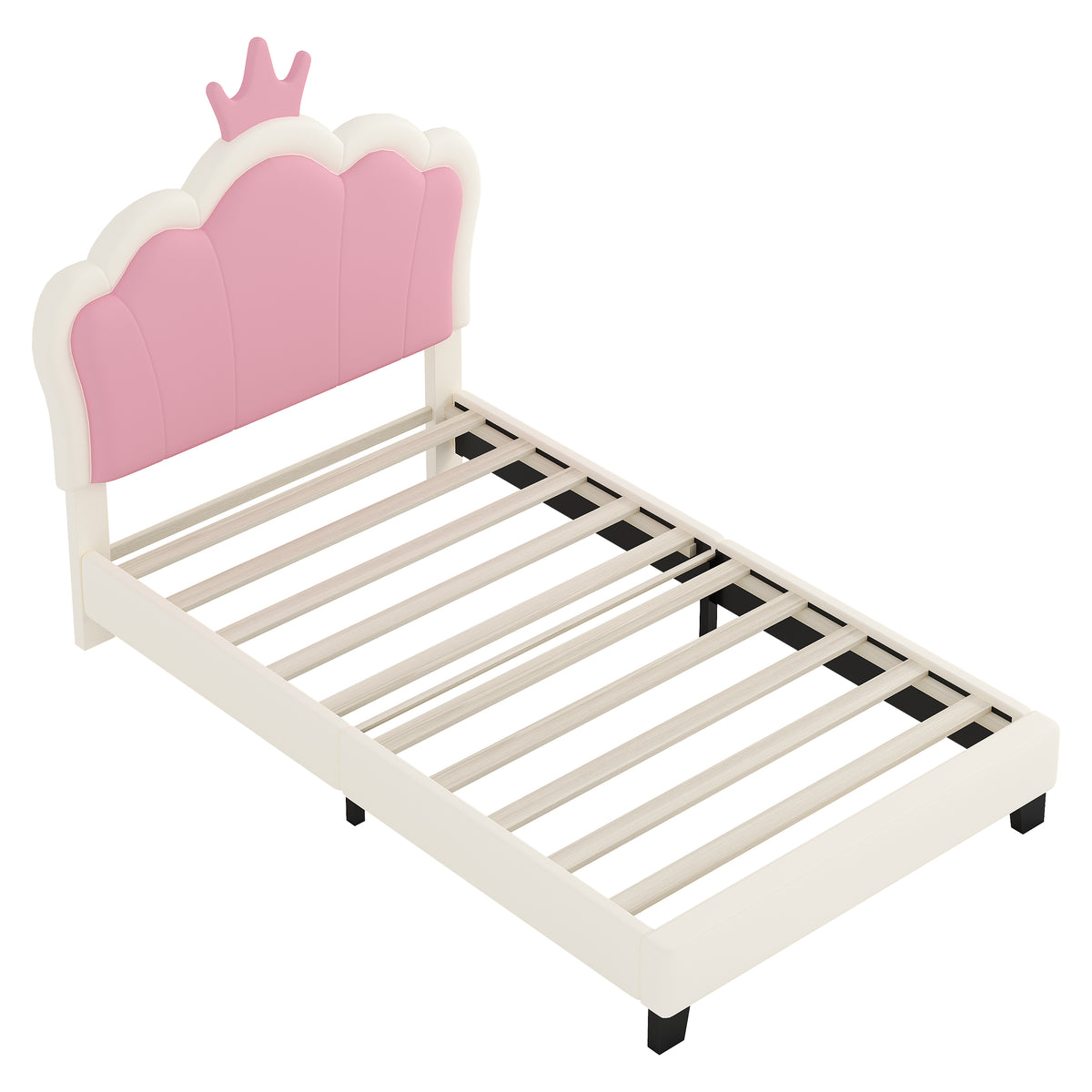 variant-group:rf-n733p180807k|Roomfitters Princess Upholstered Twin Platform Bed with Crown Headboard & Footboard, Cream