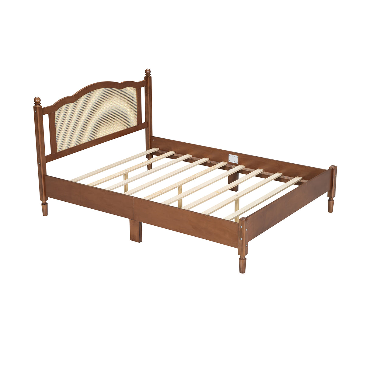 variant-group:rf-n733p180013d|Roomfitters Queen Size Wooden Platform Bed with Natural Rattan Headboard, Stylish Vintage Bed Frame with Durable Wooden Slat Support for a Sophisticated Look, Walnut