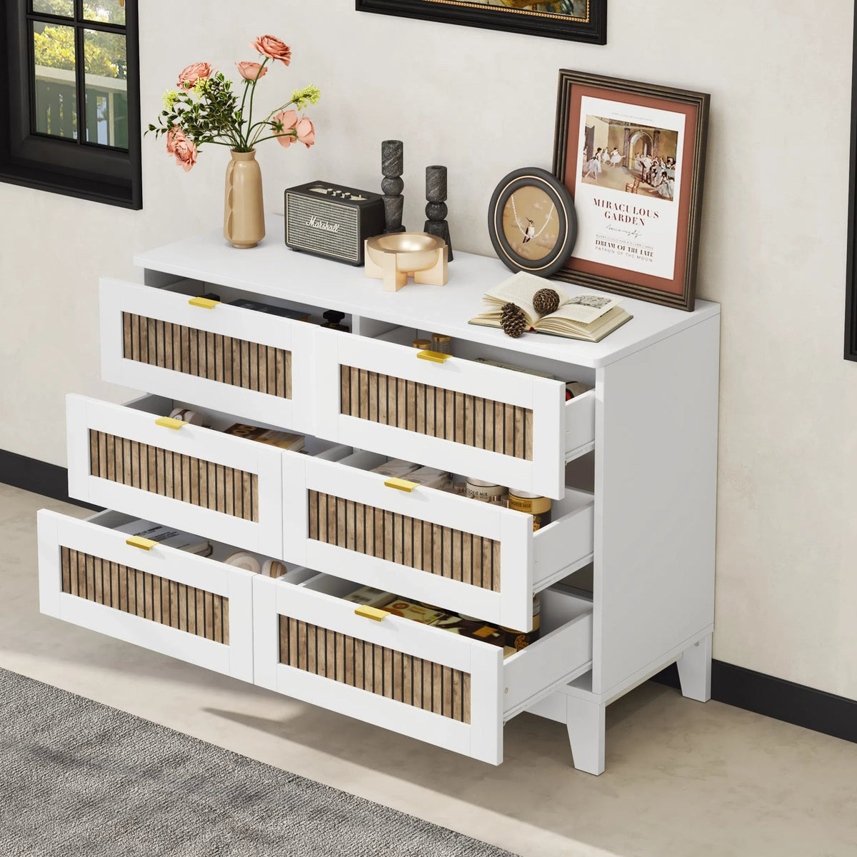 Roomfitters Elegant Dresser with Metal Handles and Glittering Decorative Accents, 6-Drawer Storage Cabinet for Bedroom and Living Room, White