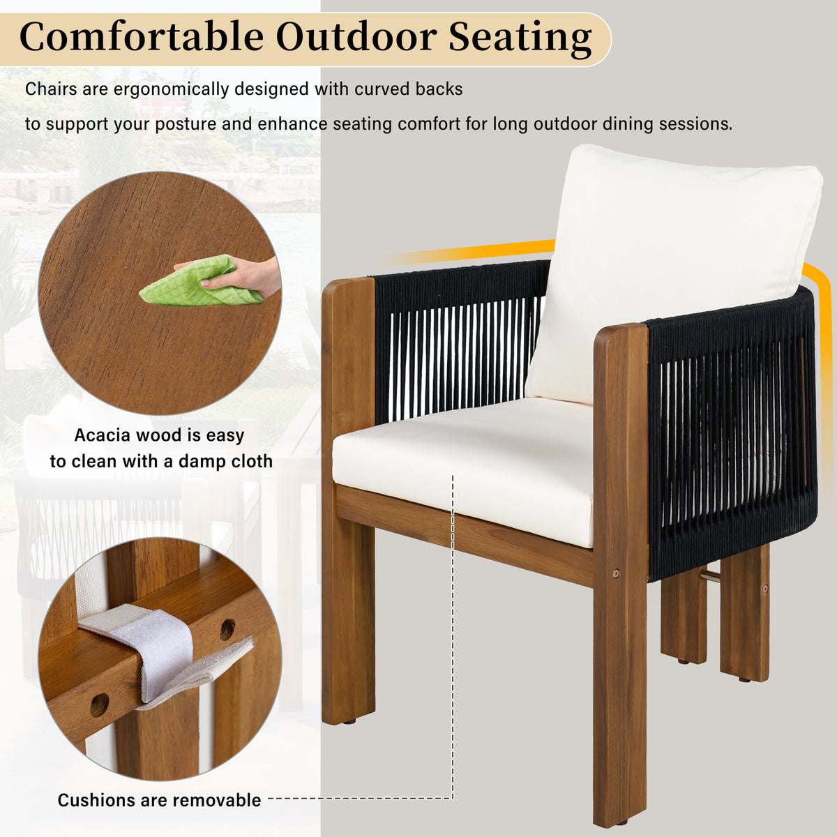 variant-group:rf-n711wy000496aab|Roomfitters 5-Piece Rope Woven Outdoor Dining Set, Farmhouse Solid Acacia Table, 4 Chairs Pack, Black and Brown
