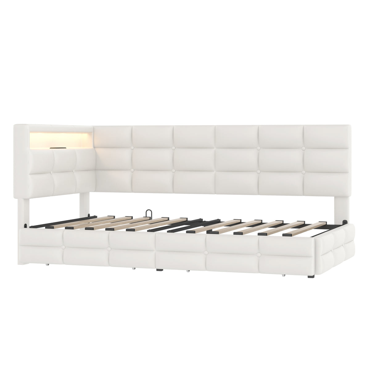 variant-group:rf-n733p285121a|Roomfitters Upholstered Twin Size Daybed with Storage Drawers and Charging Station, Bed Frame with Storage Headboard, No Box Spring Needed, Beige