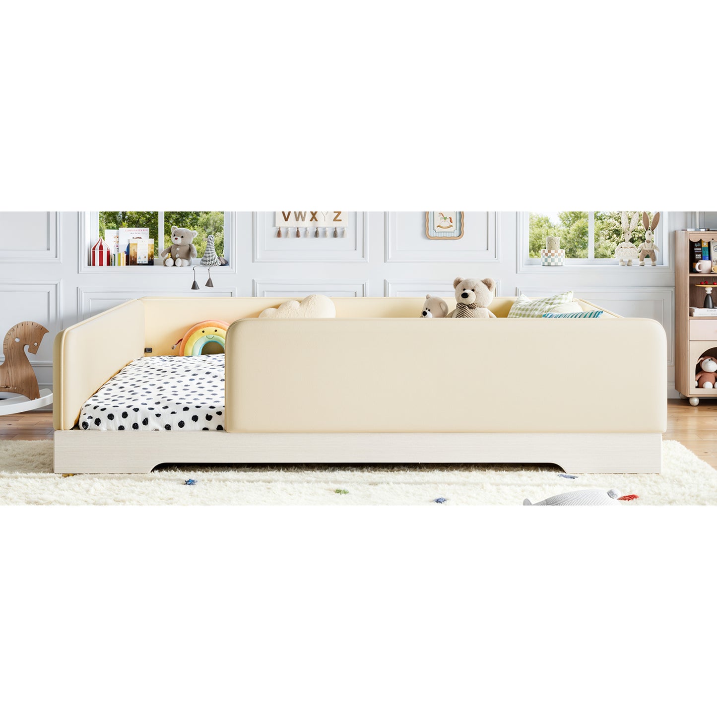 variant-group:rf-w1580s00673|Roomfitters Queen Size Upholstered Floor Bed Frame with Removable Guardrails, Faux Leather Low Profile Platform, Beige