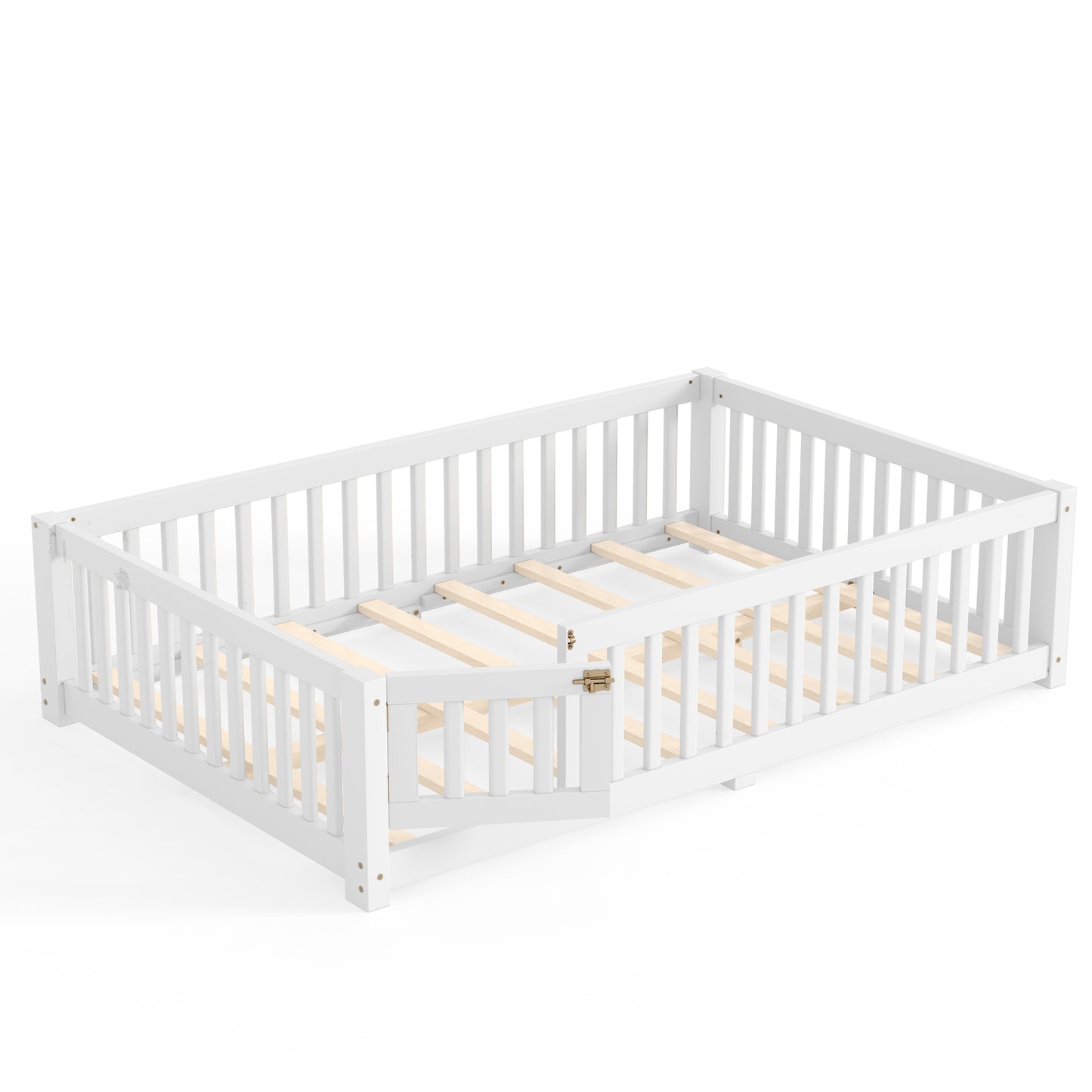 variant-group:rf-w1580p462317|Roomfitters Full Size Wooden Floor Bed Frame with Safety Guardrails Door, Solid Wood Low Profile Toddler Play Bed, White