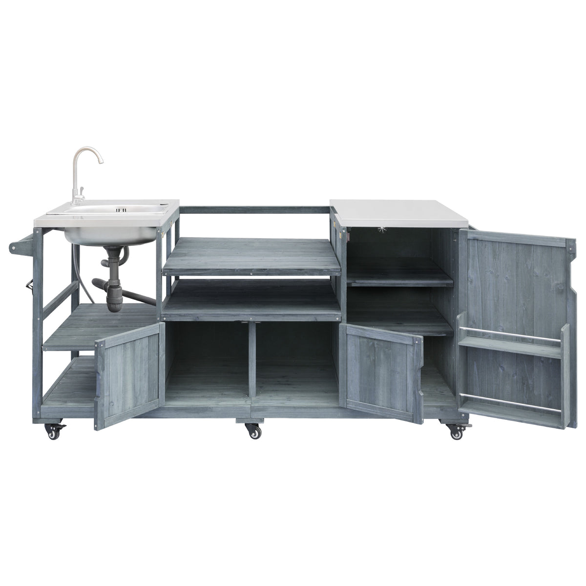 variant-group:rf-n707s000022g|Roomfitters 75.4" Outdoor Kitchen Island with Sink, Fir Wood Grill Cart for XL Green Egg & Tabletop Grills, Grey Blue
