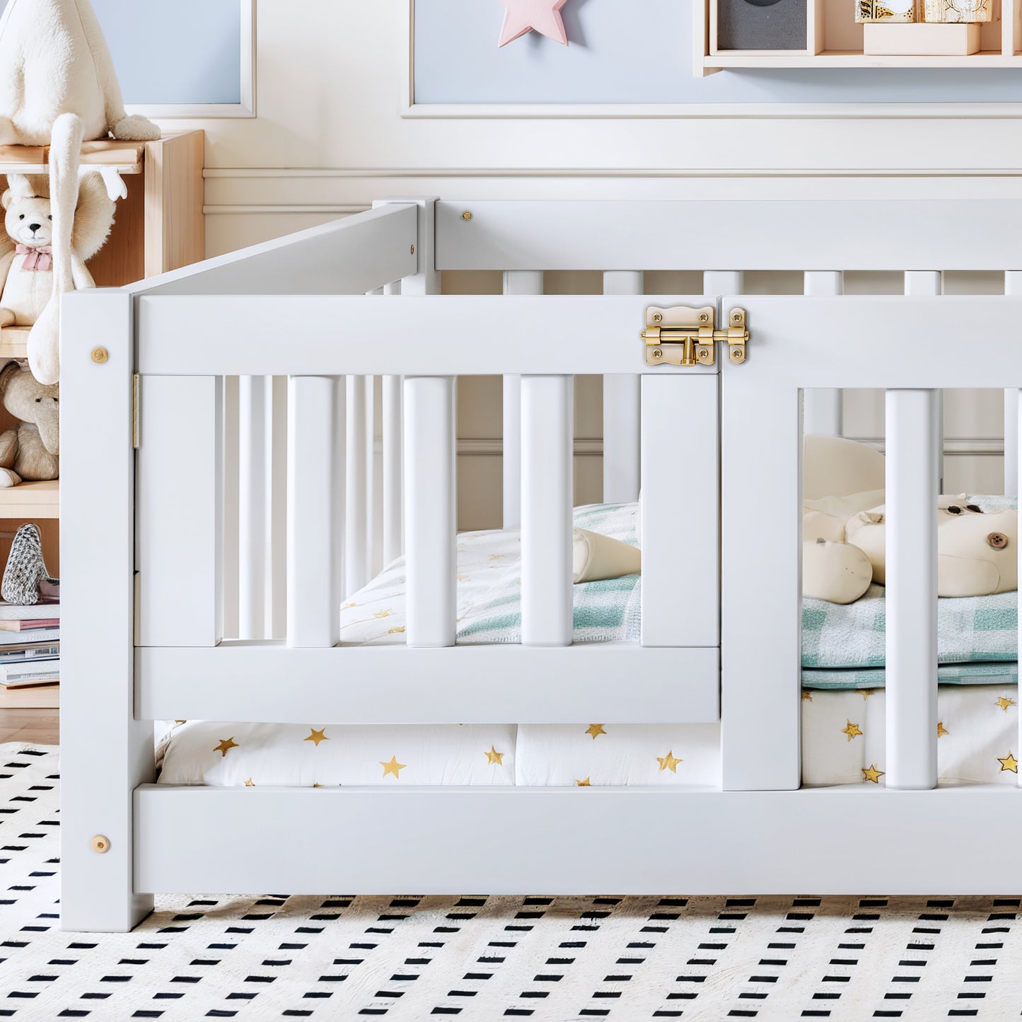 variant-group:rf-w1580p462317|Roomfitters Full Size Wooden Floor Bed Frame with Safety Guardrails Door, Solid Wood Low Profile Toddler Play Bed, White