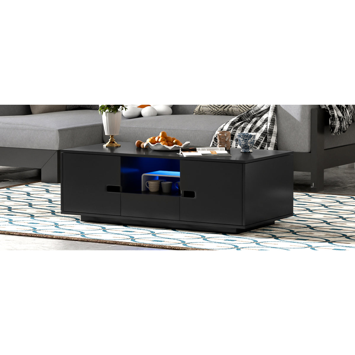 variant-group:rf-n724p294656b|Roomfitters Modern Glossy Coffee Table with Storage Space and Light Accent, Rectangle Center Table for Living Room, Black