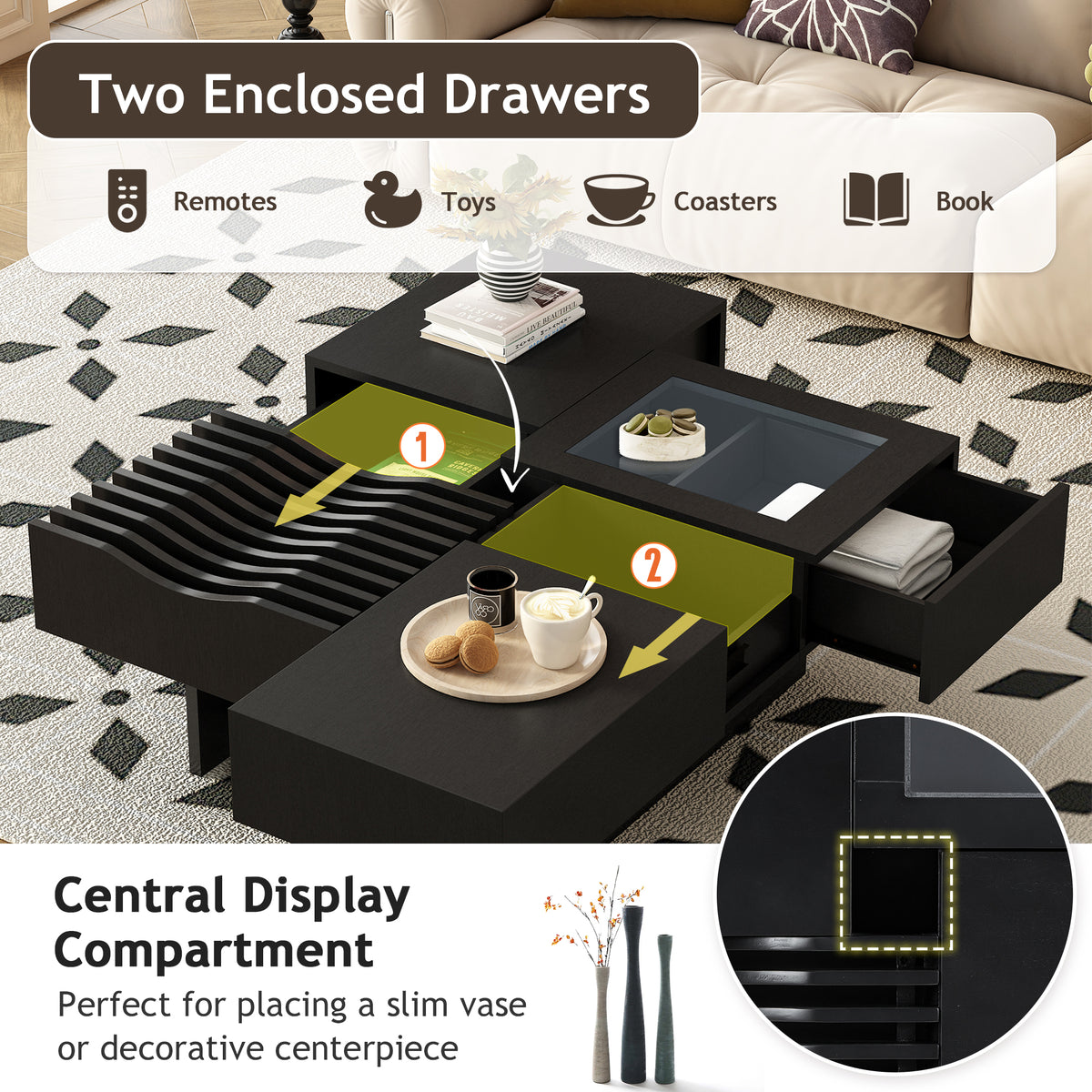 variant-group:rf-n724p270432b|Roomfitters Square Mid-Century Coffee Table with Glass Top and 3 Storage Compartments, Solid Wood Legs, Black