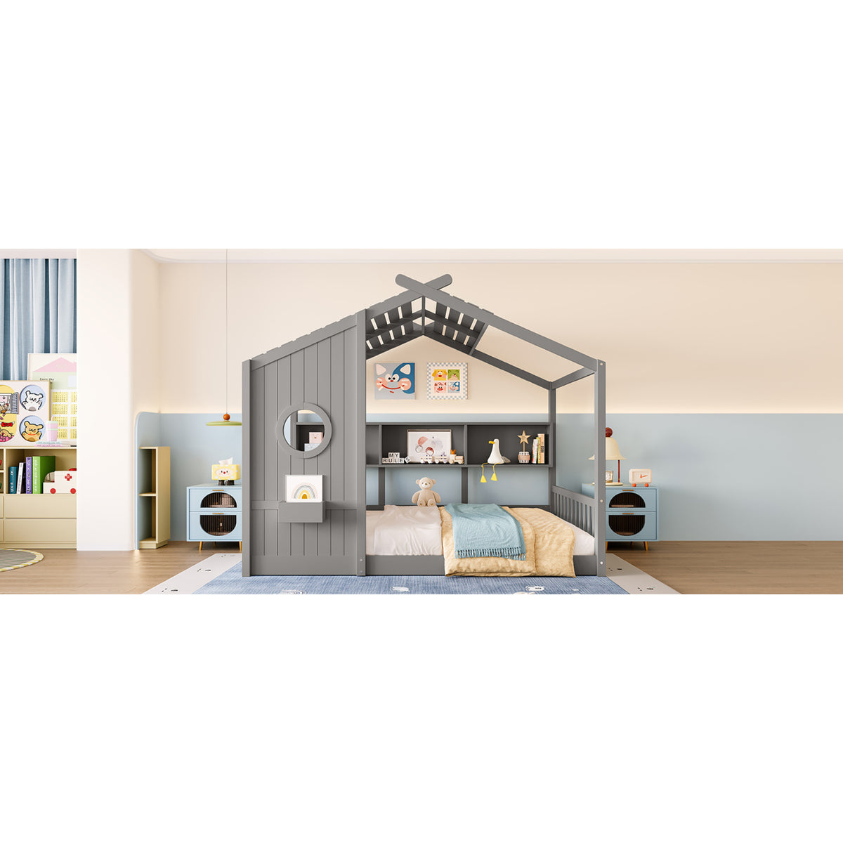 variant-group:rf-n733p335068e|Roomfitters Full Size Floor House Bed with Storage Shelf and Roof Design, Montessori Playhouse Bed, Gray