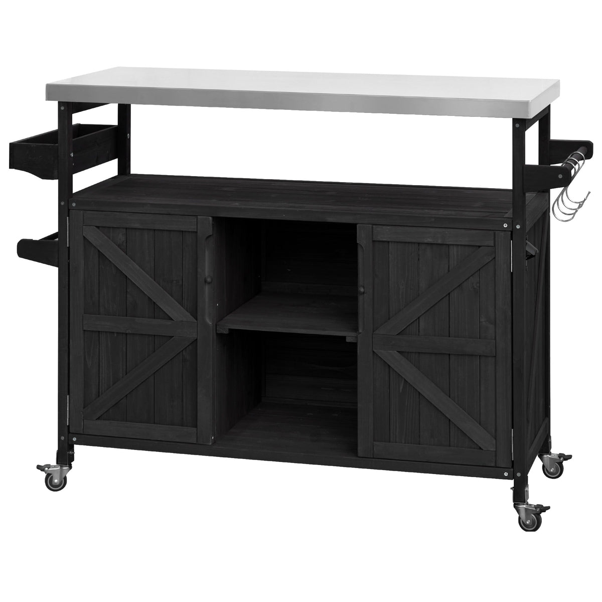 Roomfitters Outdoor Kitchen Island, Rolling Bar Cart with Storage Cabinet, Wood Grill Table, Stainless Steel Top, Spice Rack, Black