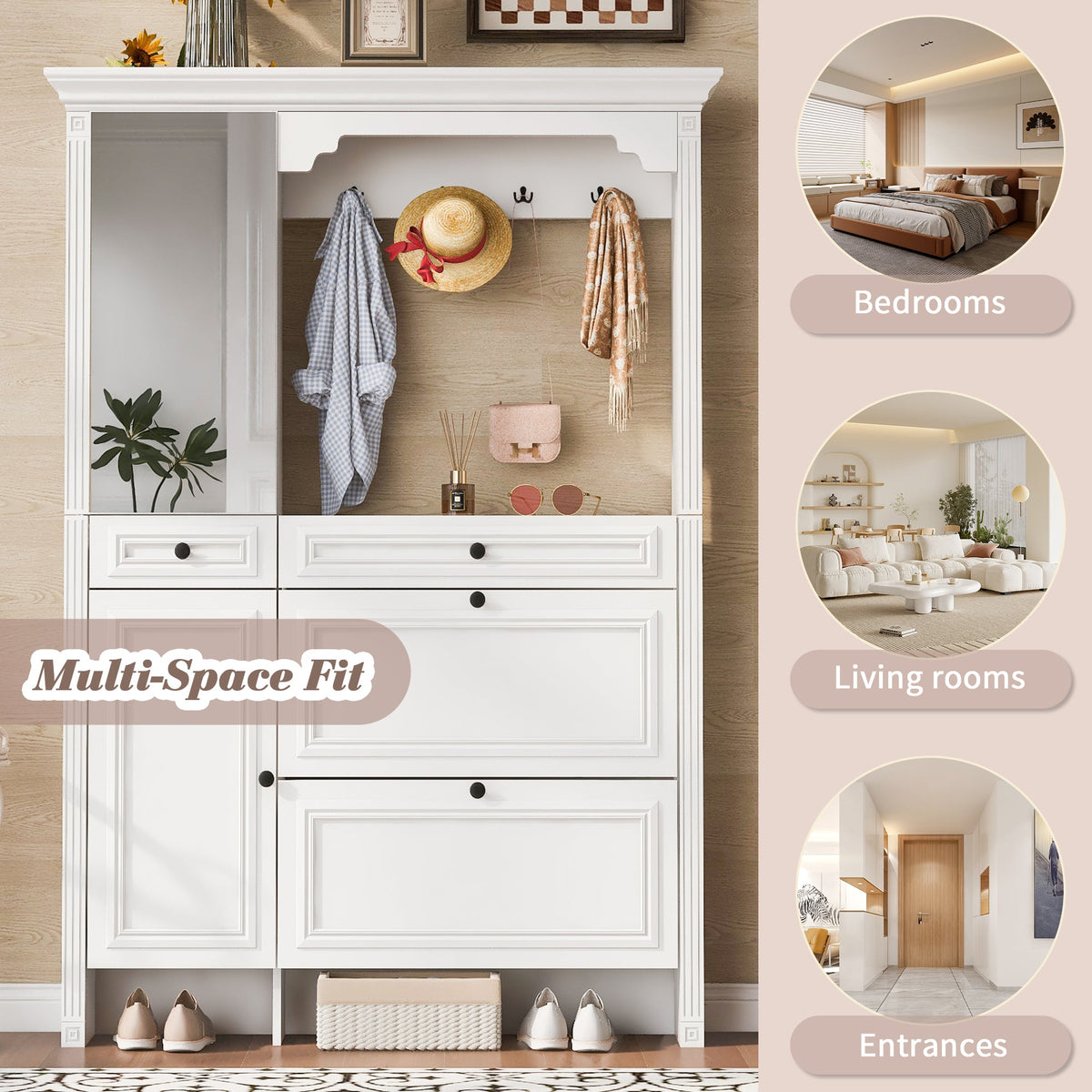 Roomfitters Hall Tree with Shoe Cabinet and Mirrored Door, 4 Hooks and Bench Storage Organizer, White Roomfitters