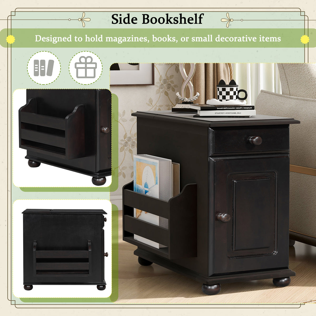 variant-group:rf-n724p293133p|Roomfitters Vintage Sofa Side Table with USB Ports, Flip Top, Cup Holders and Bookshelf Storage for Small Spaces, Espresso