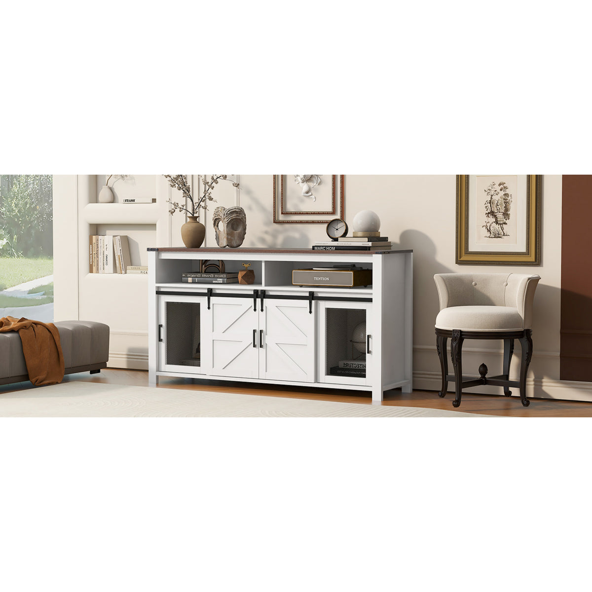 variant-group:rf-n711p347388k|Roomfitters 59.3" Sideboard Buffet Cabinet with Sliding Barn Doors, Modern Farmhouse Storage for Kitchen & Dining, Brown+White