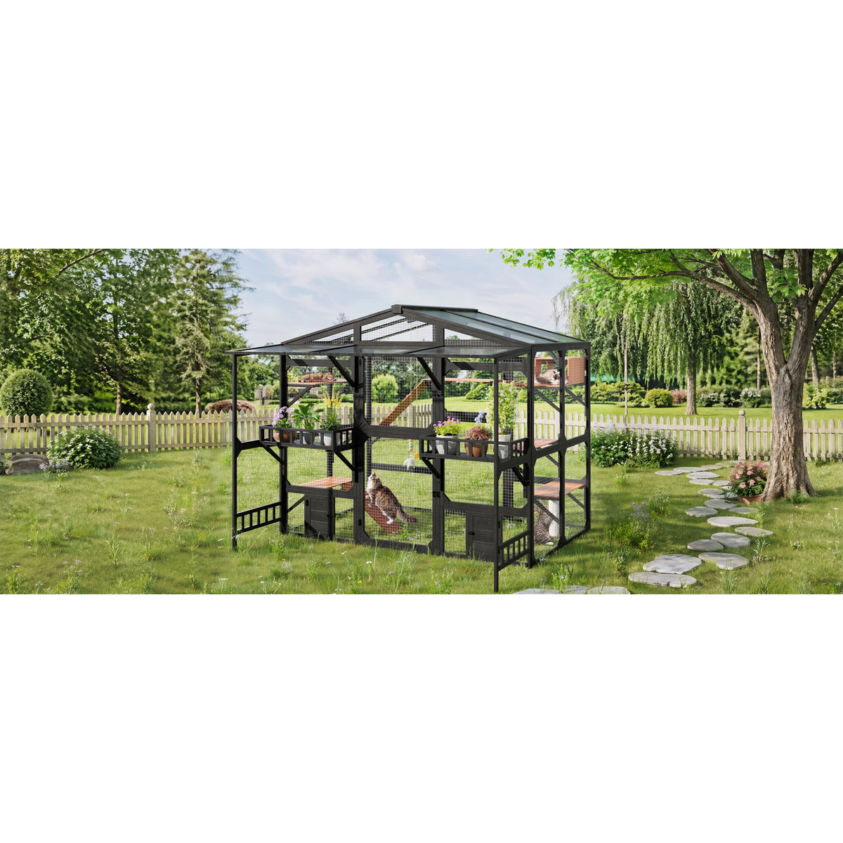 variant-group:rf-n704g201620b|Roomfitters Extra Large Wood Catio Cat Cage Outdoor Kennel with Transparent Sunroof and Dual Storage Shelves Black