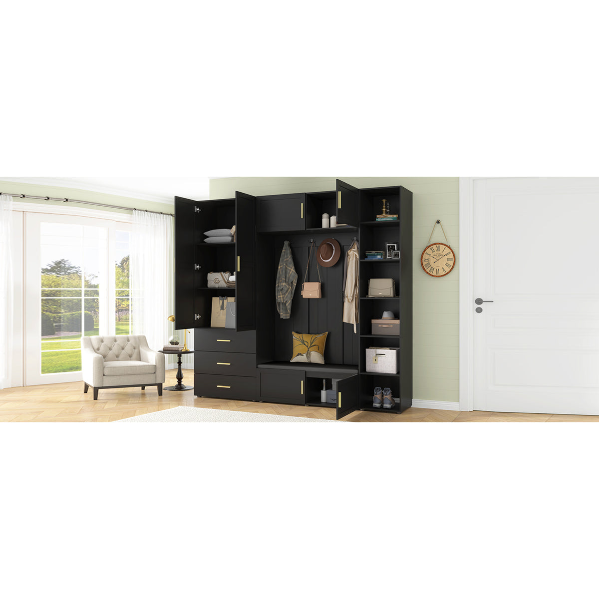 variant-group:rf-n724sj000167aab|Roomfitters American Style Extra-Wide Hall Tree with Padded Cushion Seat, Antique Black