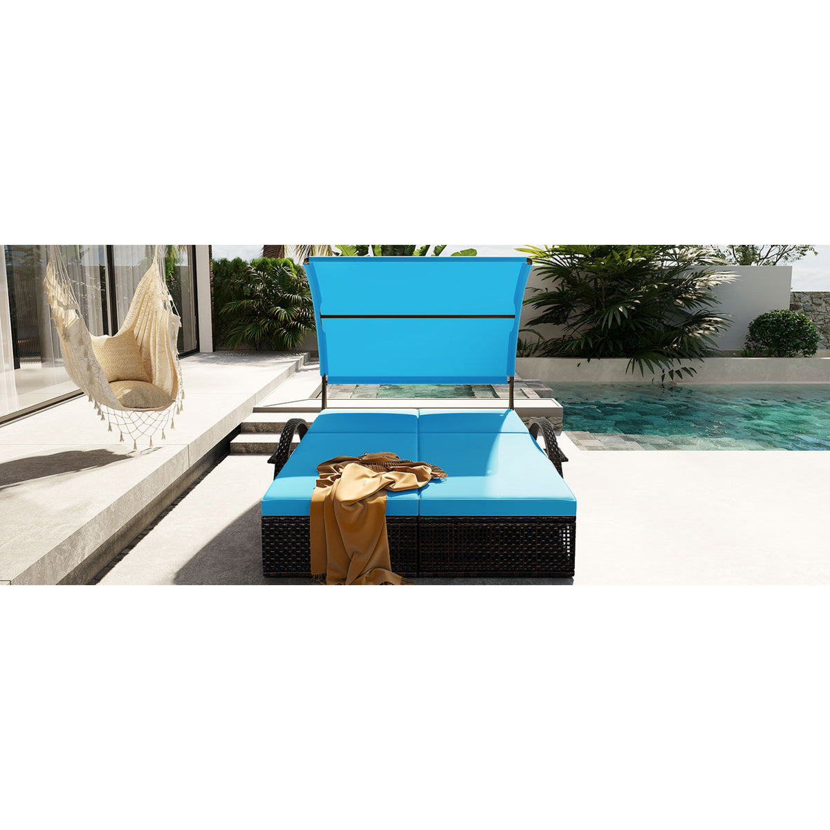 variant-group:rf-n711wy000485aac|Roomfitters Blue HDPE Wicker Outdoor Double Sunbed, Steel Frame Patio Chaise, Hidden Side Tables, Canopy Shade