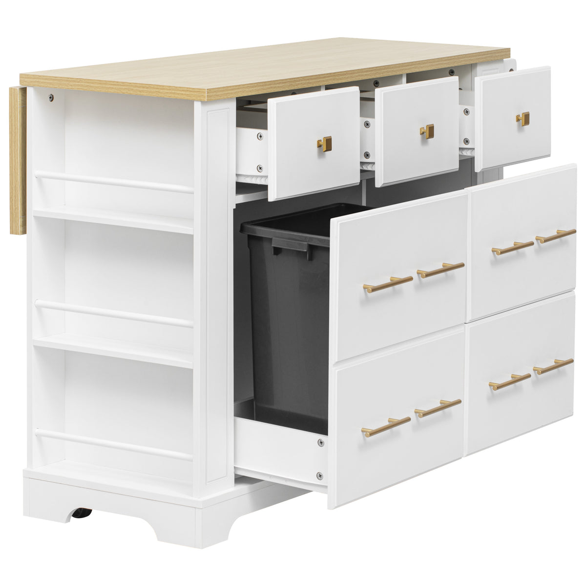 variant-group:rf-n707s307292w|Roomfitters 51" Kitchen Island with Power Outlet and Drop Leaf, Rolling Cabinet with Pull-Out Trash Can Drawer, White