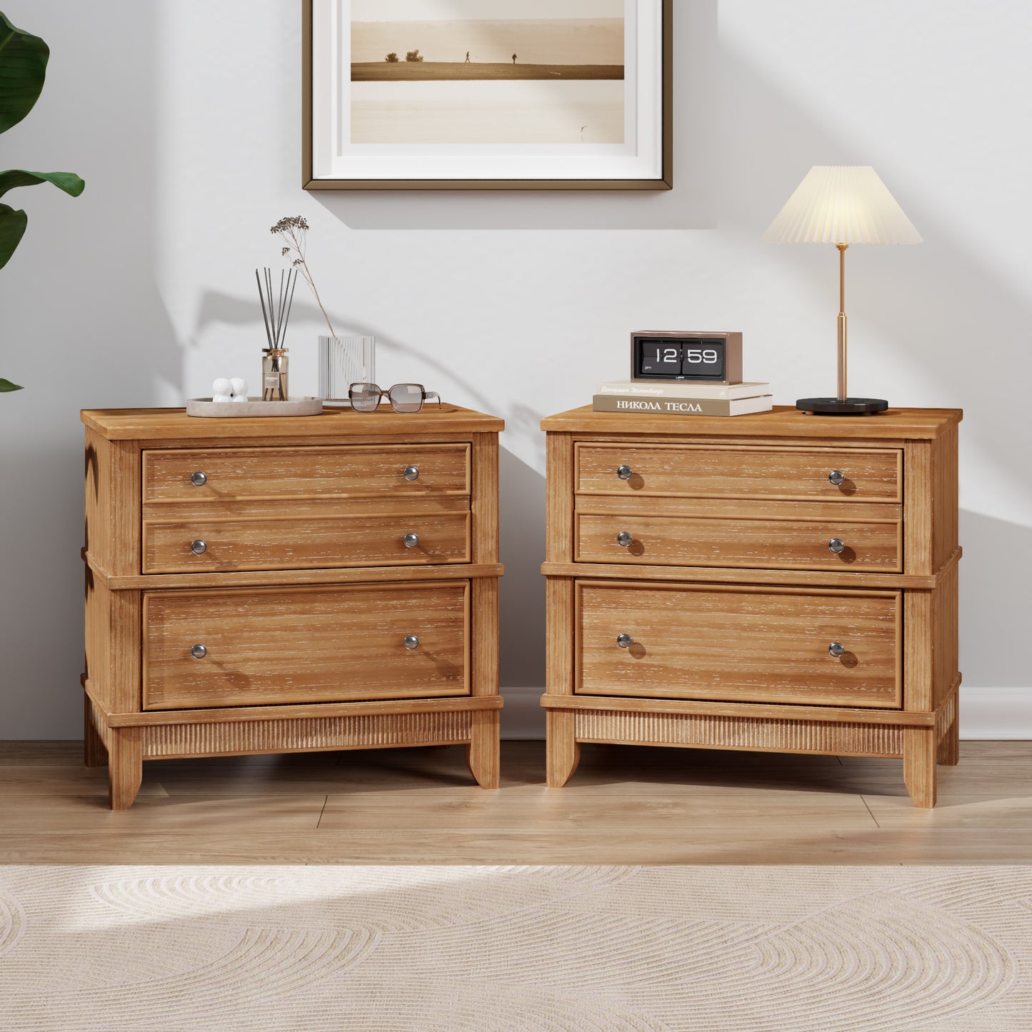 variant-group:rf-n701bs701p183796d|Roomfitters 3 Drawer Farmhouse Wood Nightstand Set of 2, Fully Assembled Bedside Accent Side Table, Felt Lined, Hazel