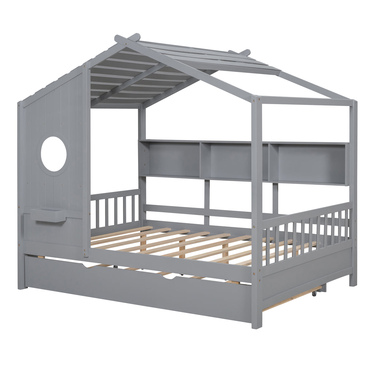 variant-group:rf-n733s316125e|Roomfitters Wooden Full Size House Bed with Trundle and Storage Shelf, Gray