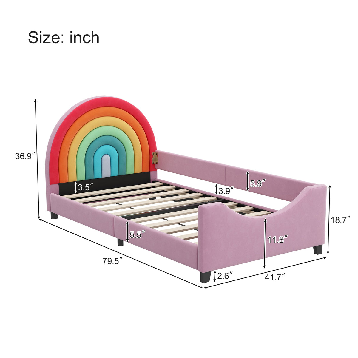 Roomfitters Twin Size Rainbow Upholstered Daybed Frame, Low to Ground Cute Princess Bed, Enclosed Fence, Colorful & Pink Roomfitters