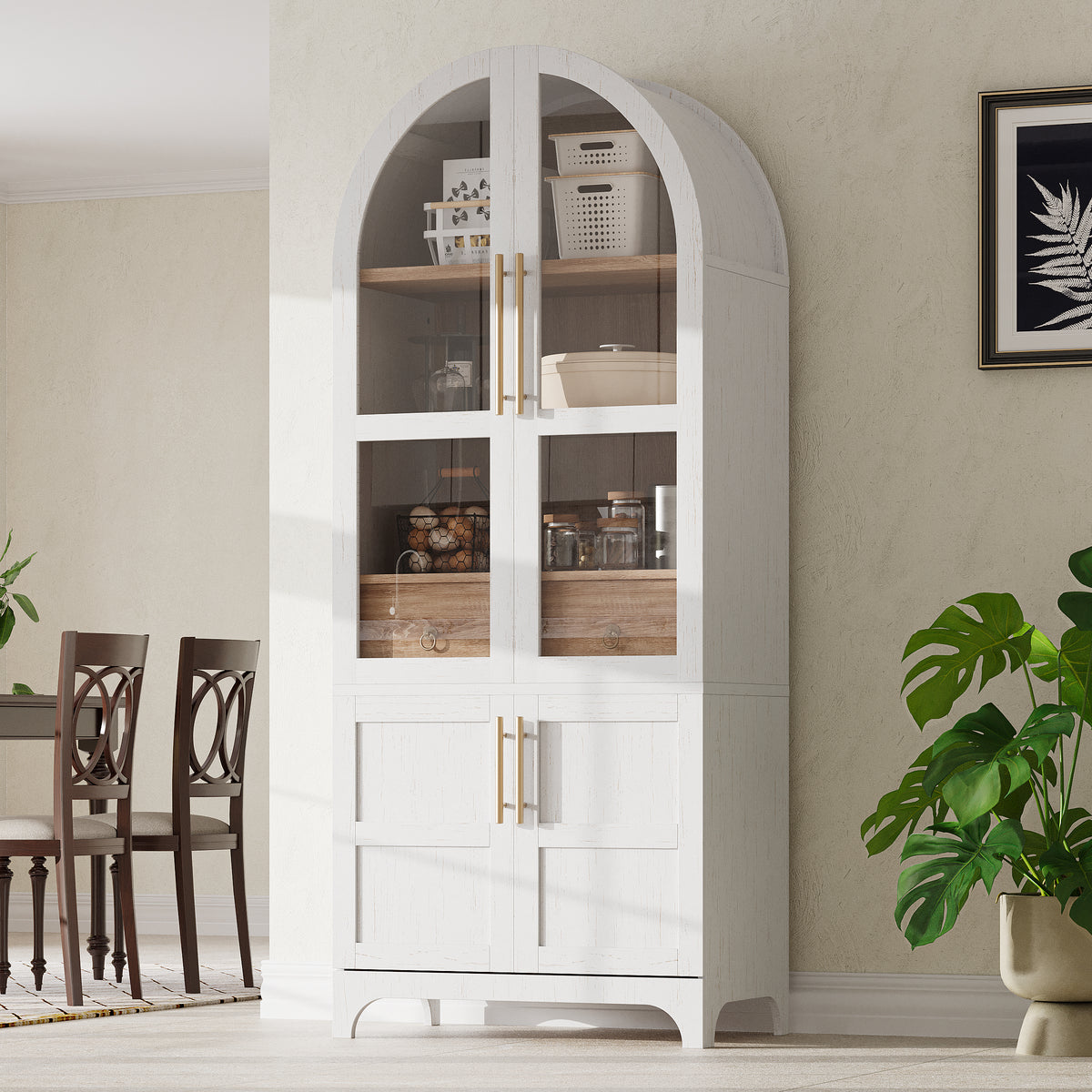 variant-group:rf-n707s288969w|Roomfitters 71" Pantry Cabinet with Arched Top & Glass Doors, 4-Door Storage Hutch with Adjustable Shelves for Kitchen, White