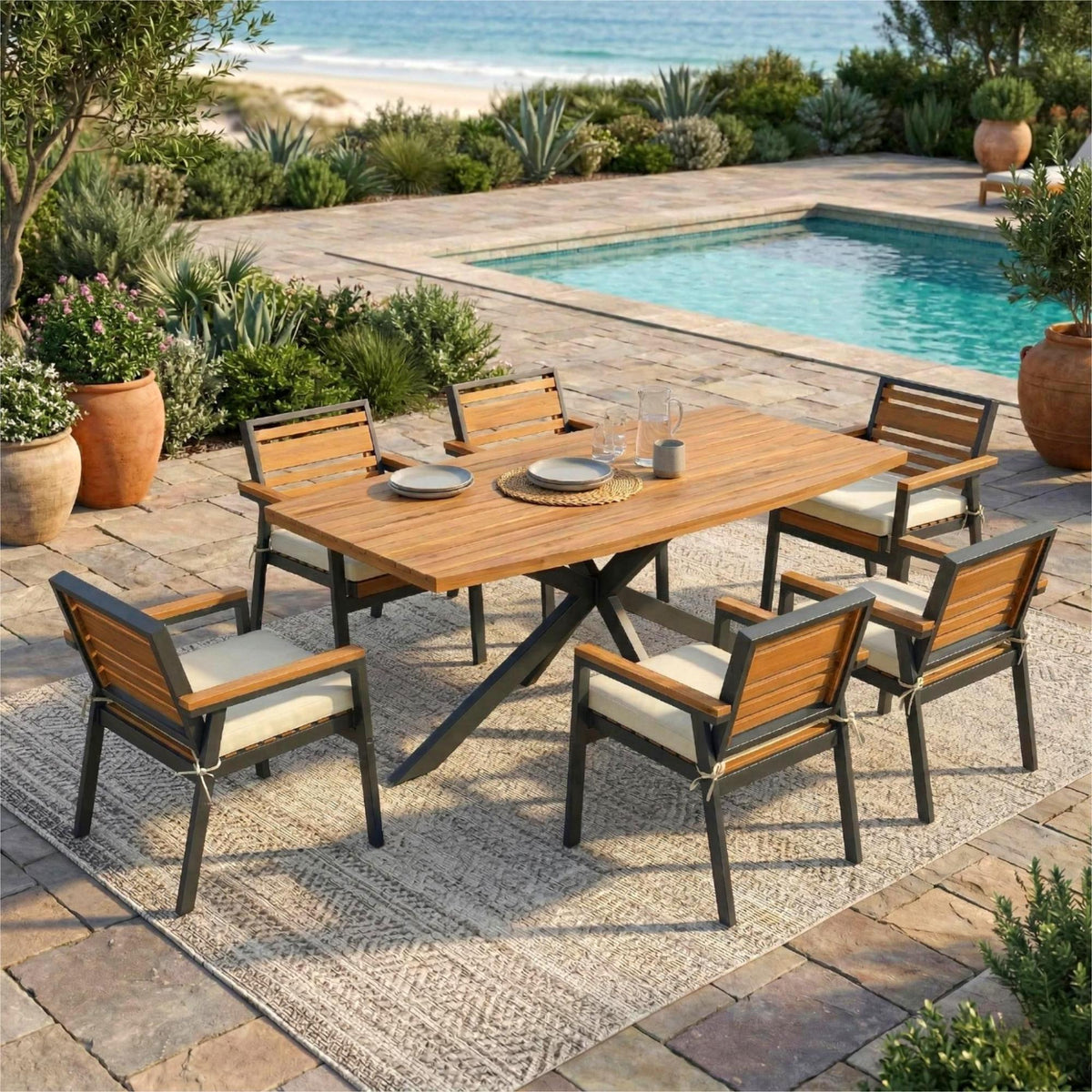 variant-group:rf-n704g201259a|Roomfitters Modern 7-Piece Patio Dining Set with Powder-Coated Iron Frame and Detachable Beige Cushions