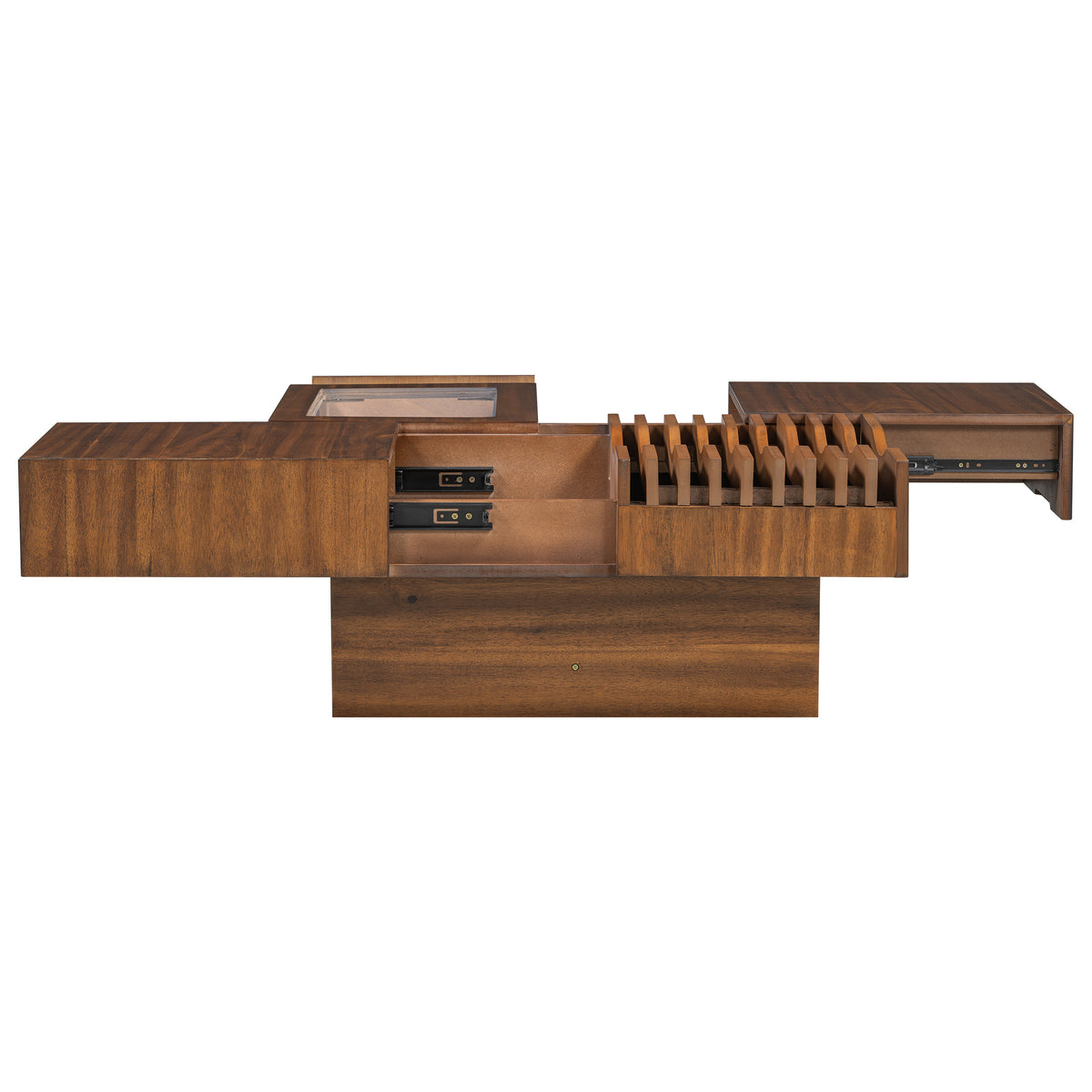 variant-group:rf-n724p270432d|Roomfitters Square Mid-Century Coffee Table with Glass Top and 3 Storage Compartments, Solid Wood Legs, Brown