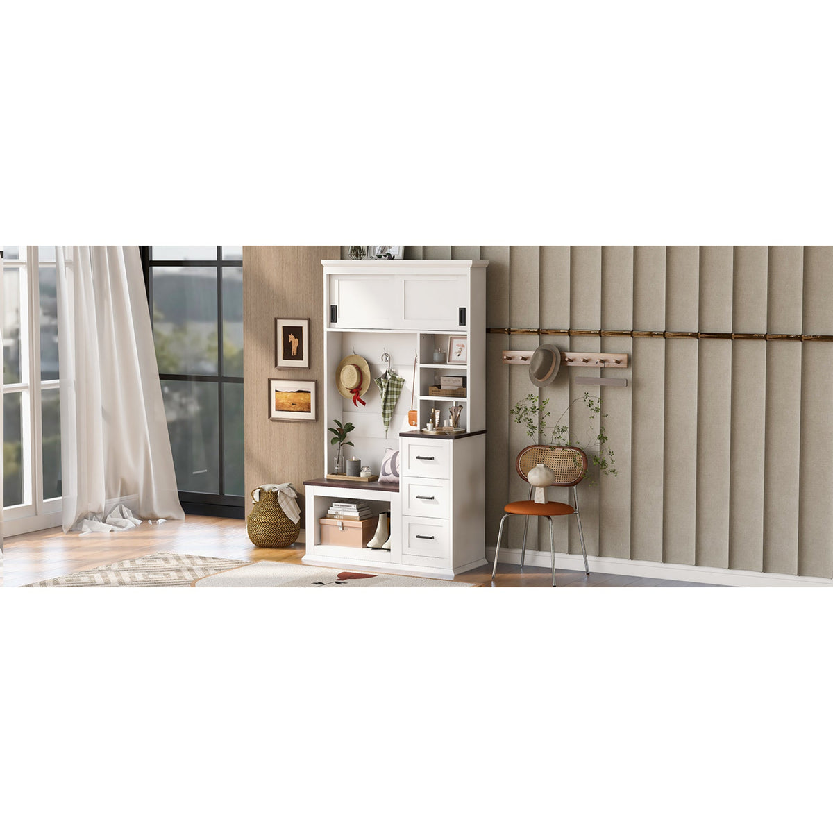 Roomfitters Modern Entryway Hall Tree with Storage Bench, 3 Drawers, White & Walnut Roomfitters