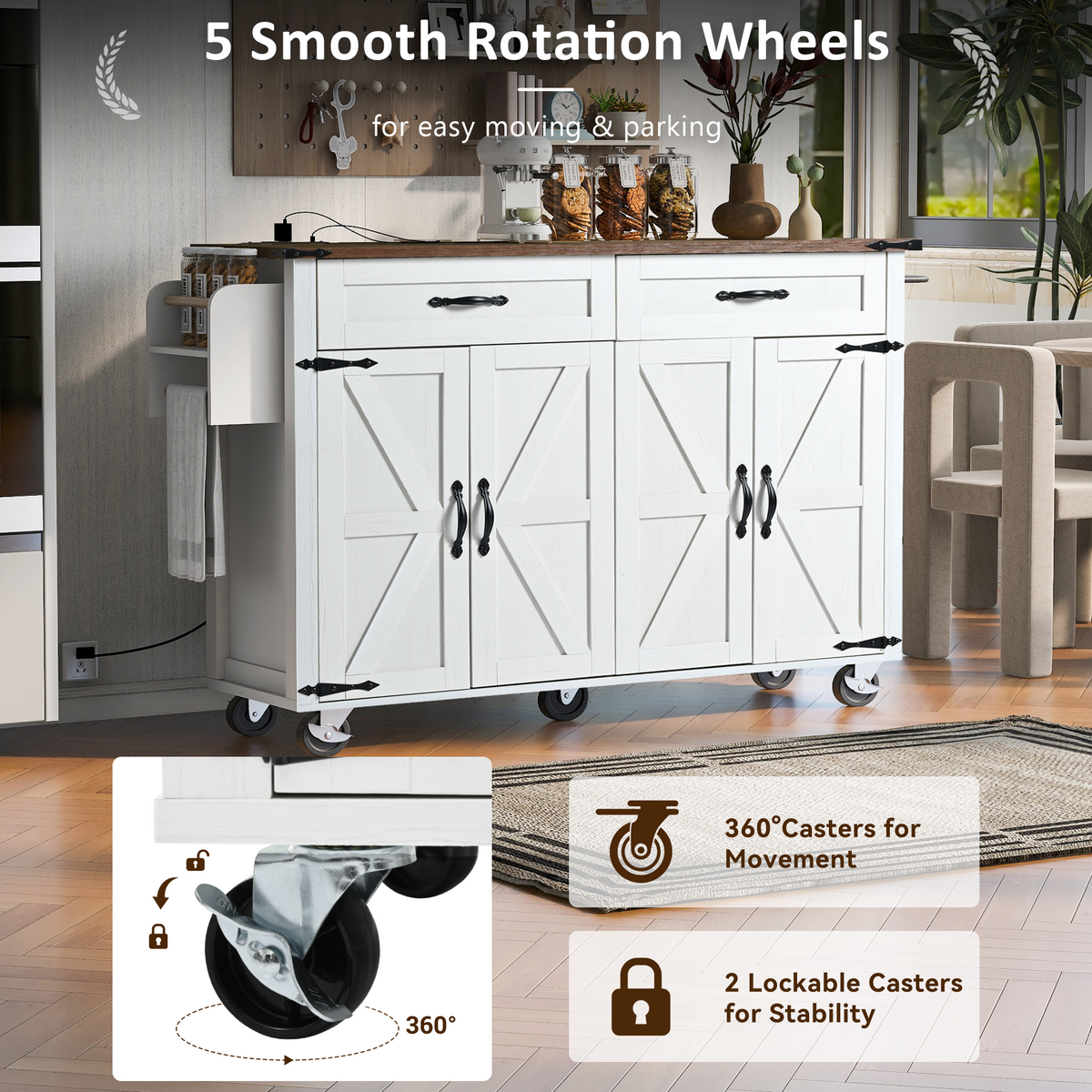 Roomfitters 53.5" Kitchen Island with Power Outlet and Drop Leaf, Rolling Storage Cabinet with Spice Rack, Modern Style, White