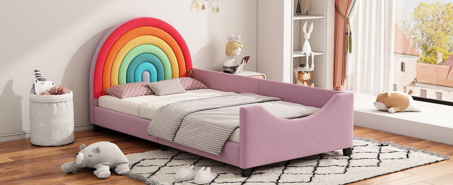 Roomfitters Twin Size Rainbow Upholstered Daybed Frame, Low to Ground Cute Princess Bed, Enclosed Fence, Colorful & Pink Roomfitters