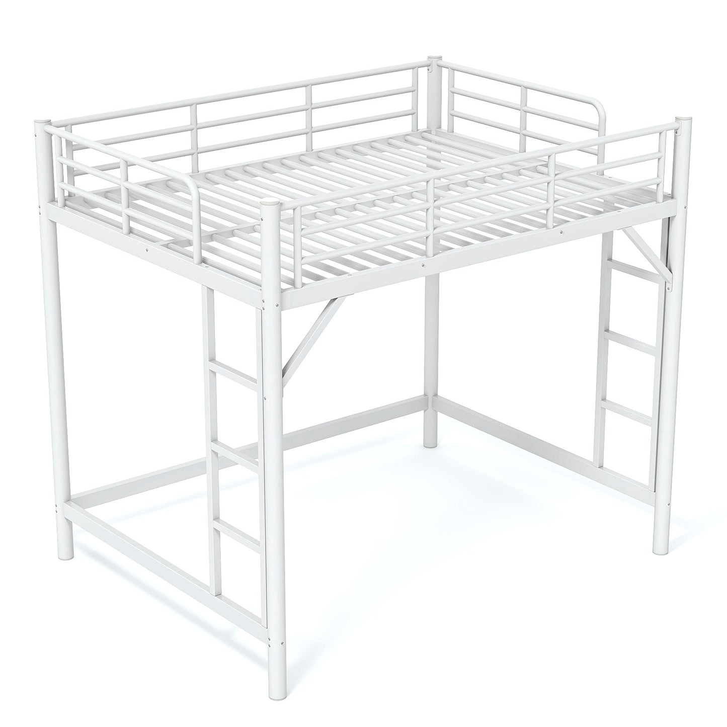 variant-group:rf-w1580p455016|Roomfitters Full Size Metal Loft Bed Frame with Guardrails, Heavy Duty Space Saving High Loft Bed Dual Ladders, White