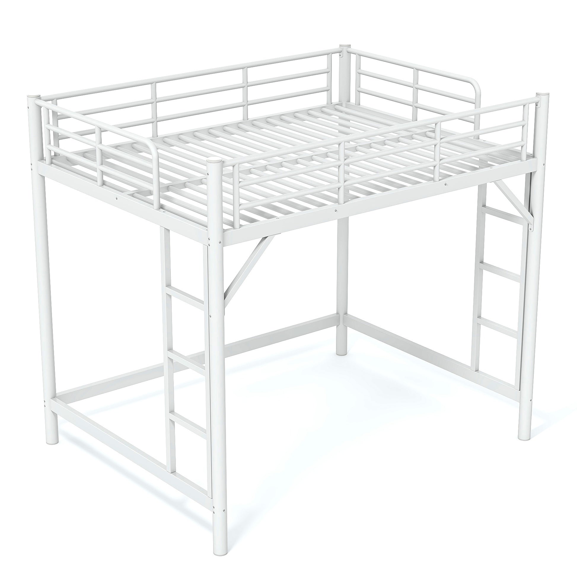 variant-group:rf-w1580p455016|Roomfitters Full Size Metal Loft Bed Frame with Guardrails, Heavy Duty Space Saving High Loft Bed Dual Ladders, White