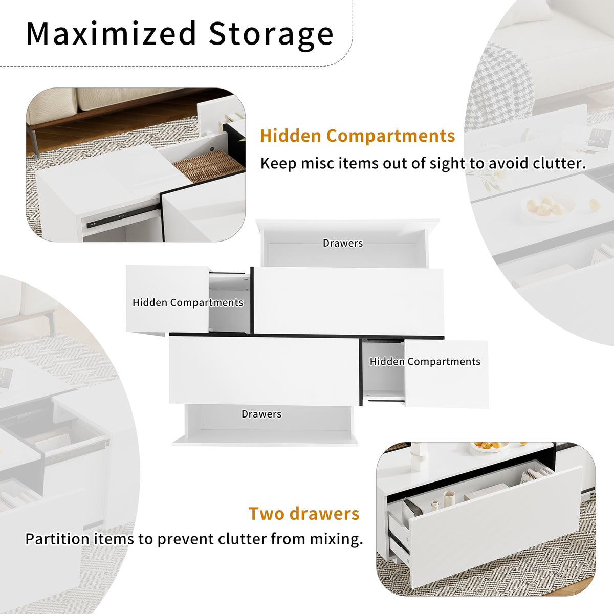 variant-group:rf-n724p292070k|Roomfitters Glossy Extendable Coffee Table with 2 Drawers and Hidden Storage Compartments, Multi-Functional Design, White