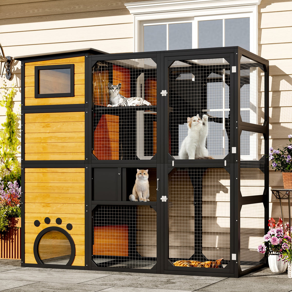Roomfitters Large Outdoor Cat Catio Enclosure Weatherproof Attached to Window Multi-Tier Cat House Brown Roomfitters