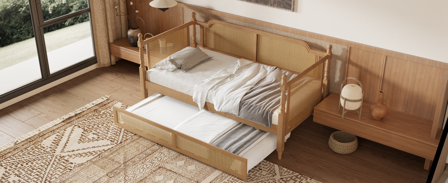 variant-group:rf-n701bs701p415494d|Roomfitters Full Size Traditional Rattan Daybed Frame with 2 Storage Drawers, French Country Wood Bed, No Box Spring, Walnut