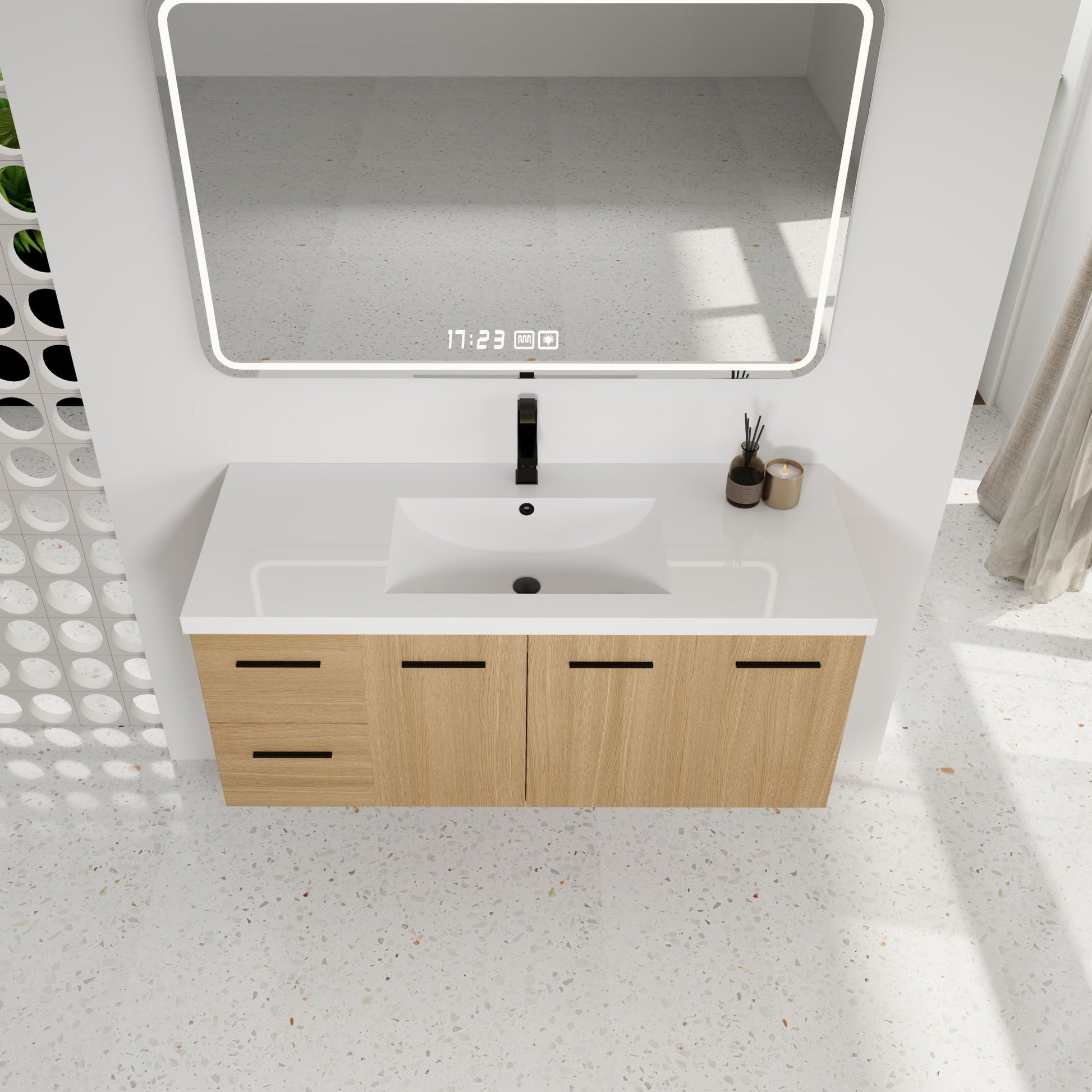 48" Light Oak Floating Bathroom Vanity with Sink, Modular 3-Piece Cabinet (2-Door + 1-Door + 2-Drawer), Gel-Coat Integrated Sink Top, Wall-Mounted, 4 Packages Roomfitters