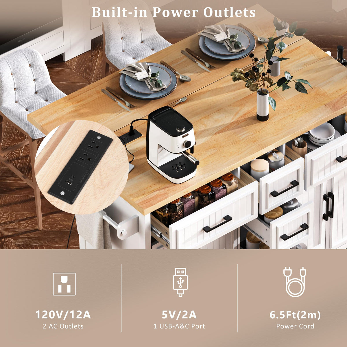 Roomfitters 56.5" Kitchen Island with Drop Leaf, Rolling Kitchen Cart with 5 Storage Drawers, Spice Rack & Towel Holder, White