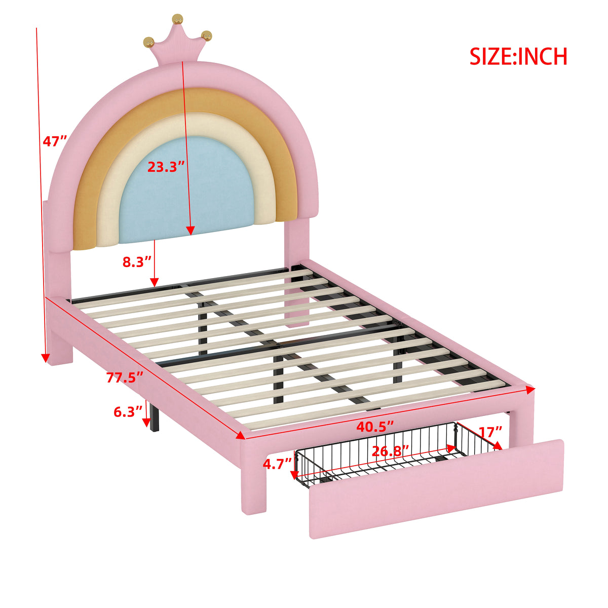 variant-group:rf-n733p234606h|Roomfitters Twin Size Upholstered Rainbow Design Bed, Velvet Princess Platform Bed with Storage Drawer, No Box-spring Needed, Colorful & Pink