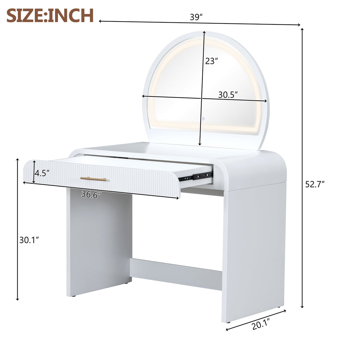 Roomfitters 39" Makeup Vanity Table with Mirror Touch Screen Lighted Mirror, Dressing Table with Drawer for Bedroom, White Roomfitters
