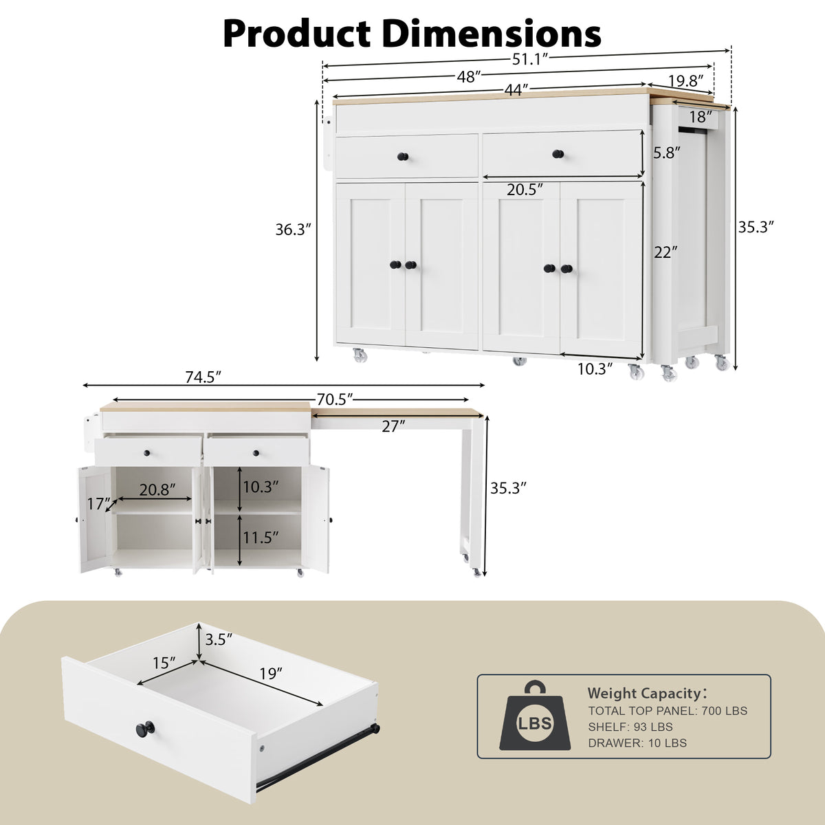 variant-group:rf-n707s000009w|Roomfitters 74.5" Kitchen Island with Extendable Table, Rolling Cart with Spice Rack, Storage Cabinet, White