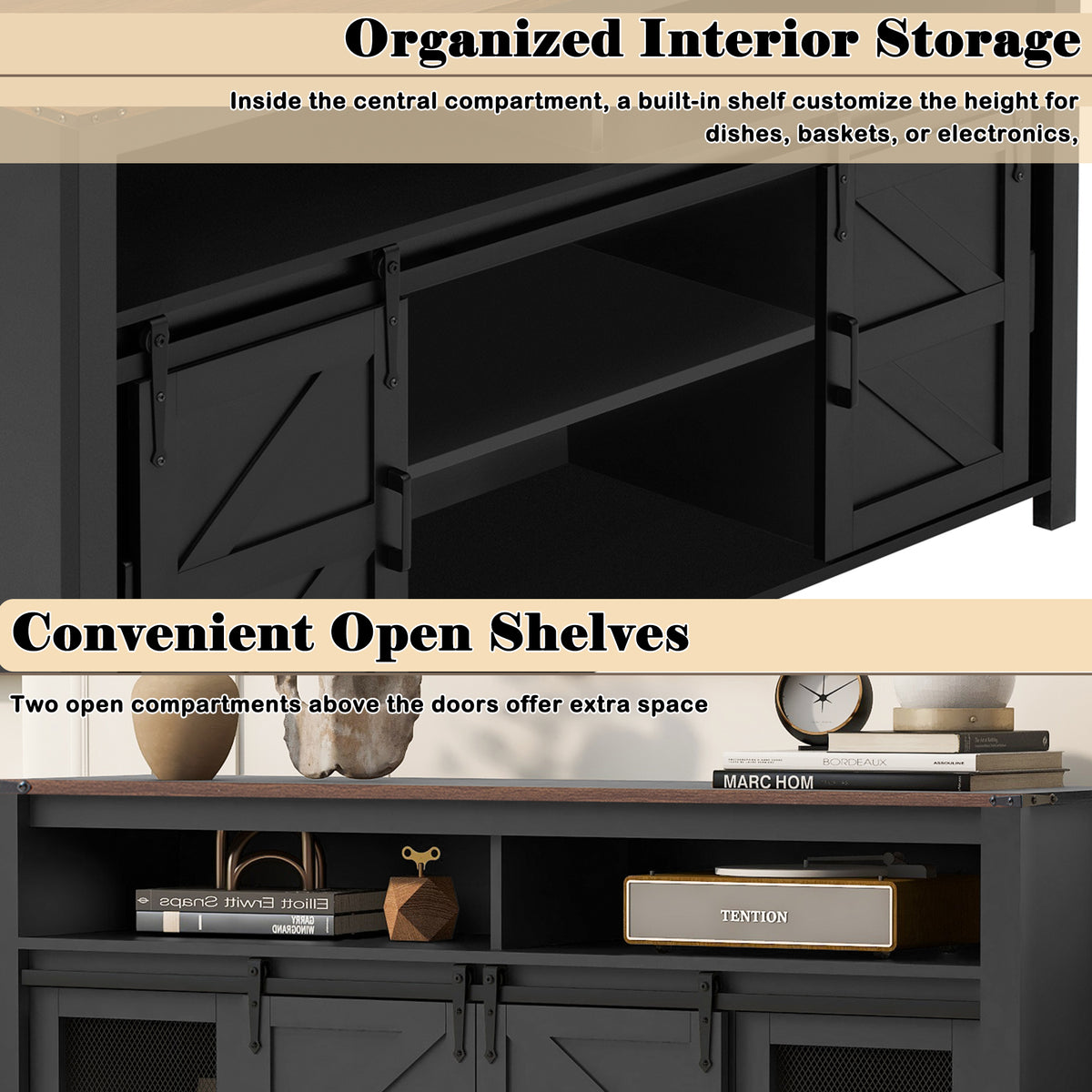 variant-group:rf-n711p347388b|Roomfitters 59.3" Sideboard Buffet Cabinet with Sliding Barn Doors, Modern Farmhouse Storage for Kitchen & Dining, Black