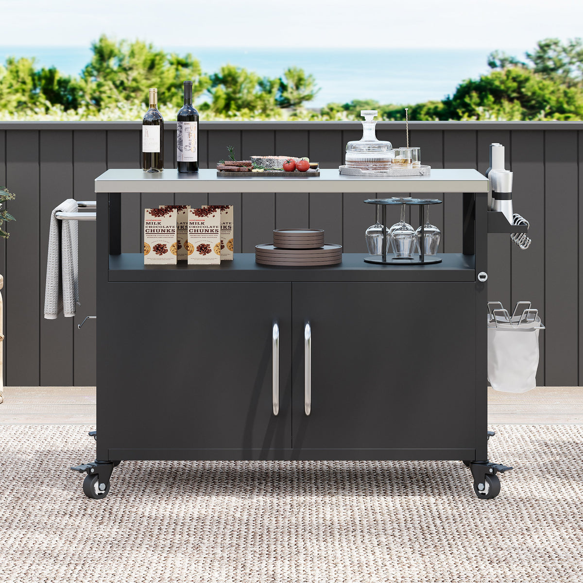 Roomfitters 54.5" Outdoor Kitchen Island with Stainless Steel Top, Rolling Grill Prep Cart with Propane Tank Storage, Black