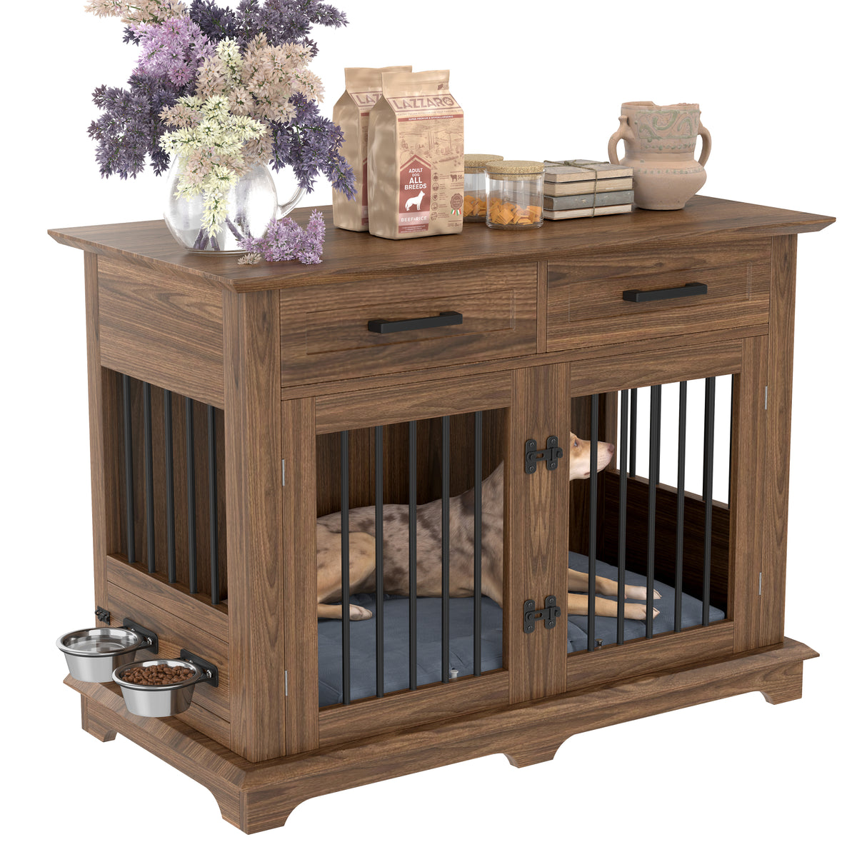 variant-group:rf-n704p379112d|Roomfitters 44-Inch Decorative Dog Crate Furniture Indoor Wooden Kennel End Table with 360 Rotating Bowls Brown