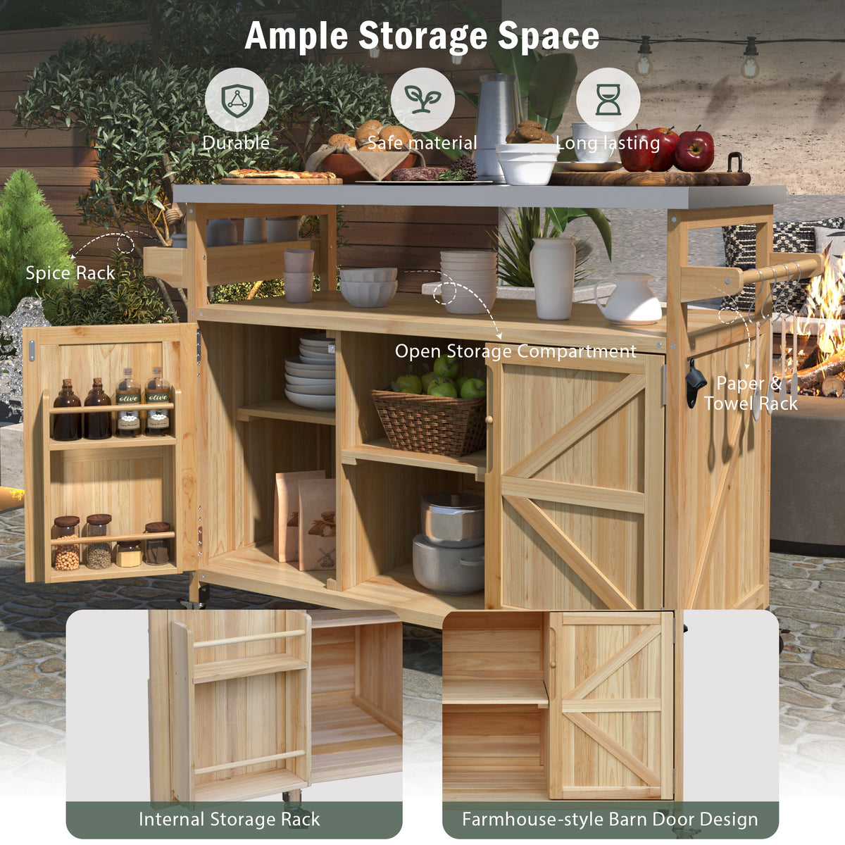 variant-group:rf-n707wf532198aay|Roomfitters Outdoor Kitchen Island Rolling Bar Cart & Storage Cabinet, Farmhouse Solid Wood Outdoor Grill Table with Stainless Steel Top, Spice Rack, Towel Rack for Kitchen & Barbecue, Natural