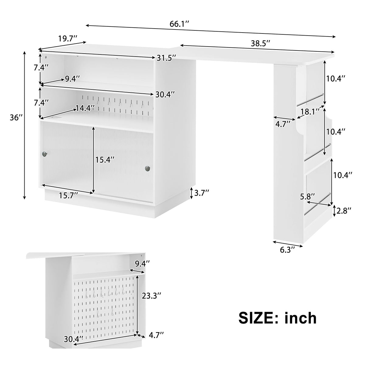 variant-group:rf-n711p437809k|Roomfitters White MDF Counter Height Kitchen Island Sideboard Cabinet, Extendable Table, Acrylic Sliding Doors
