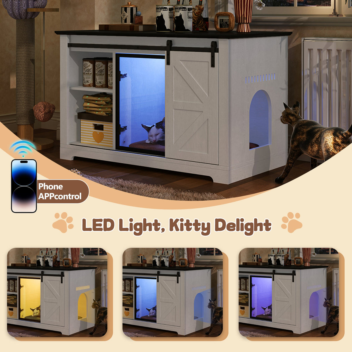 Roomfitters 46-Inch Farmhouse Cat Litter Box Enclosure Hidden Cabinet Nightstand with Sliding Barn Door White Roomfitters