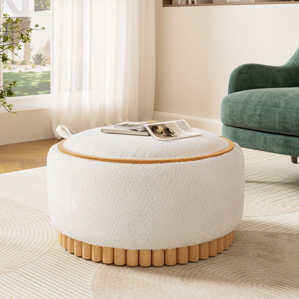 Roomfitters 29 Inch Round Storage Ottoman with Reversible Wooden Tray Top, Upholstered Coffee Table for Living Room
