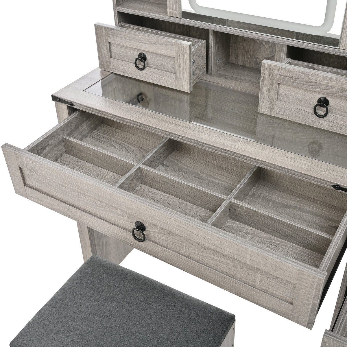 variant-group:rf-n733p340562g|Roomfitters Farmhouse Vanity Desk with Sliding Mirror & Lights, Glass Top, Charging Station, 4 Drawers, 2 Cabinets, Stool, Gray